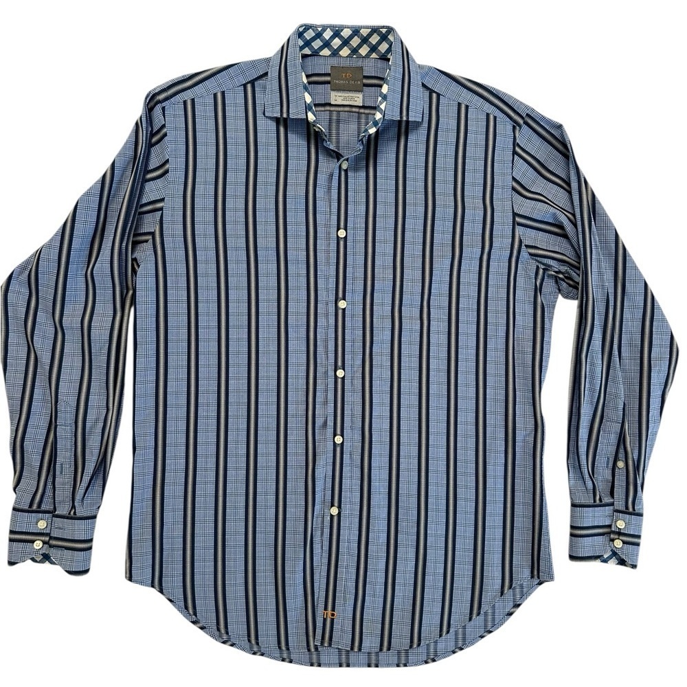 Thomas Dean Mens XL Blue Striped Shirt Flip Cuff Long Sleeve Button Up Size M